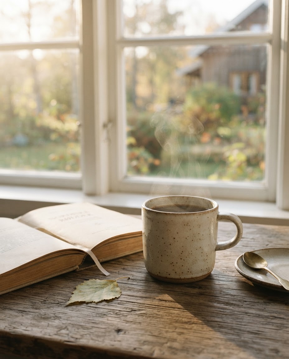 Eine Tasse Kaffee auf einem Holztisch – Symbol der schwedischen Fika